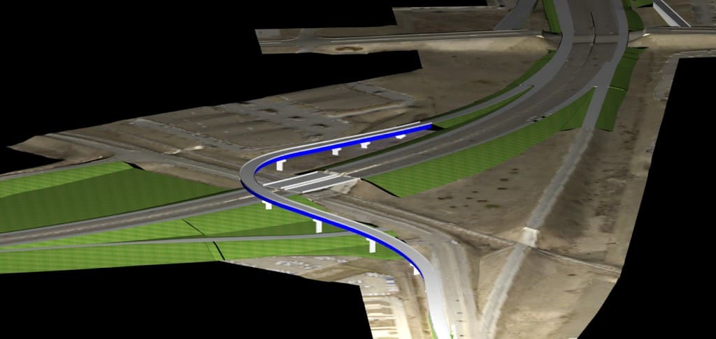 3D model of a complex transportation interchange.