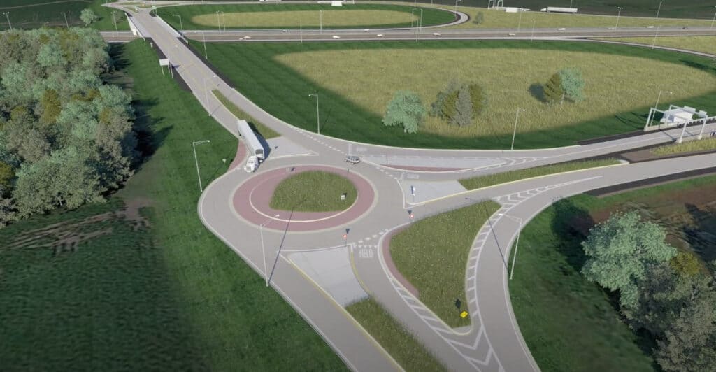 3D illustration of a truck navigation a roundabout.