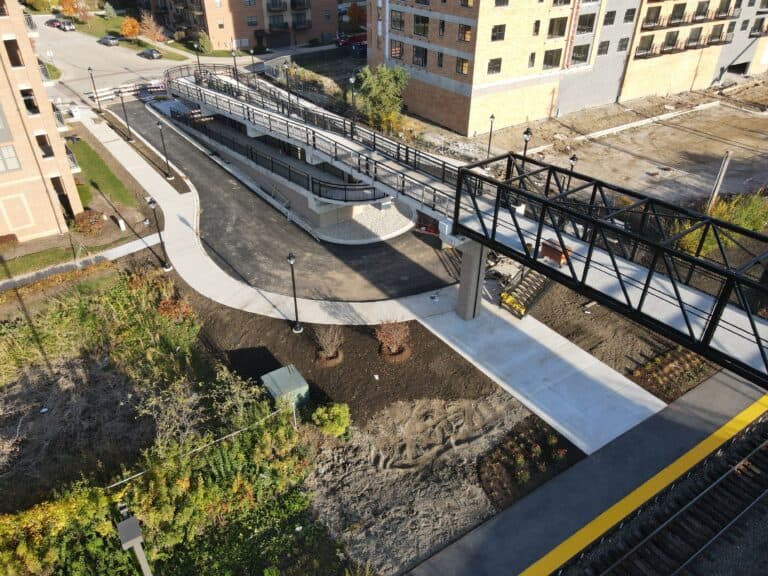 Mundelein pedestrian bridge ramp and street access.