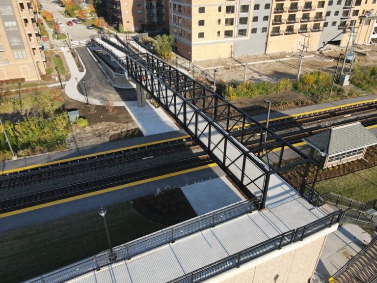 Mundelein pedestrian bridge railing and safety structure.