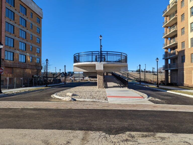 Mundelein pedestrian bridge ramp.