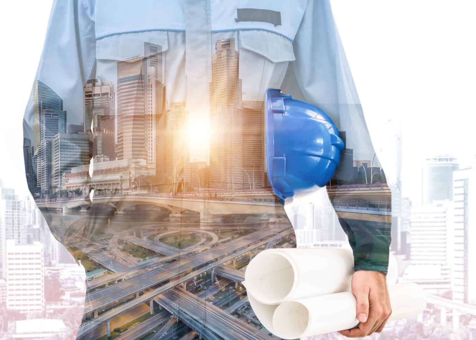 Futuristic photo of civil engineering worker with infrastructure in the background.