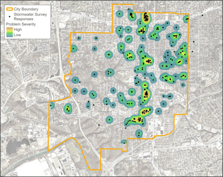 Stormwater management map with color-coded severity markers across community area.