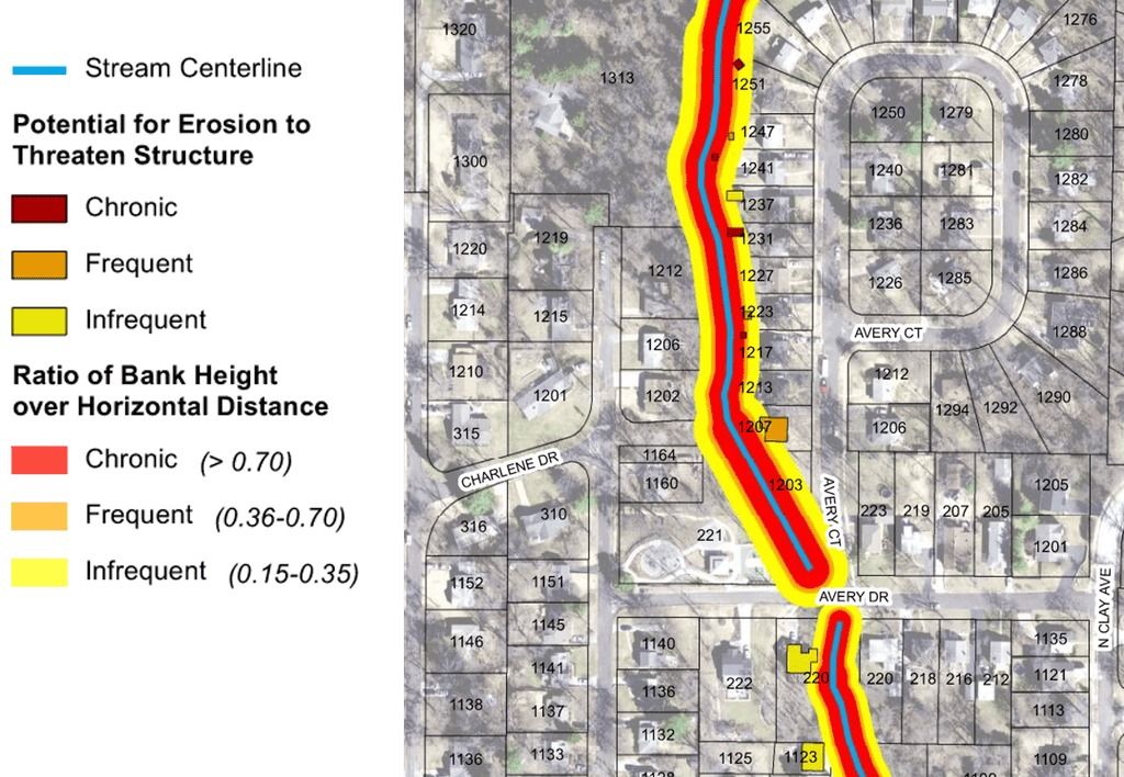 Stormwater erosion risk highlight along stream centerline and surrounding streets.